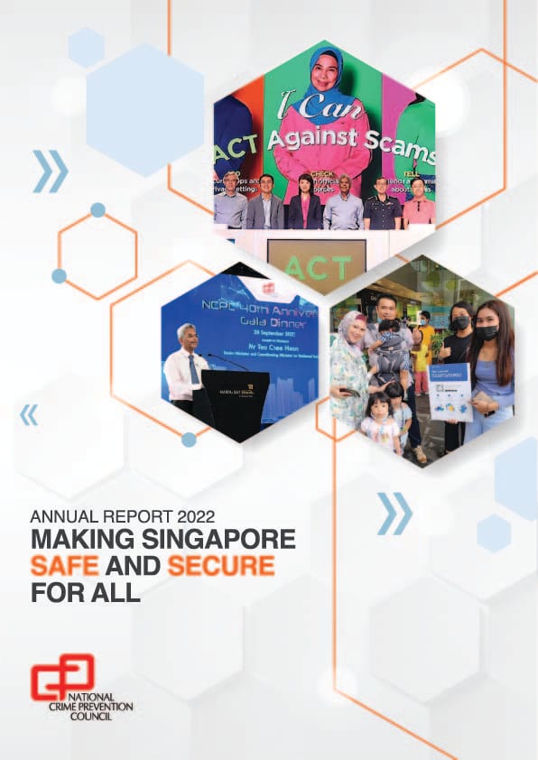 A cover design featuring a light-colored background with geometric hexagonal shapes and orange line accents, interspersed with three hexagonal photo panels displaying anti-scam campaign materials ("I Can Against Scams"), an event ("NCPC 40th Anniversary Gala Dinner"), and community members, alongside the official NCPC logo at the bottom left.